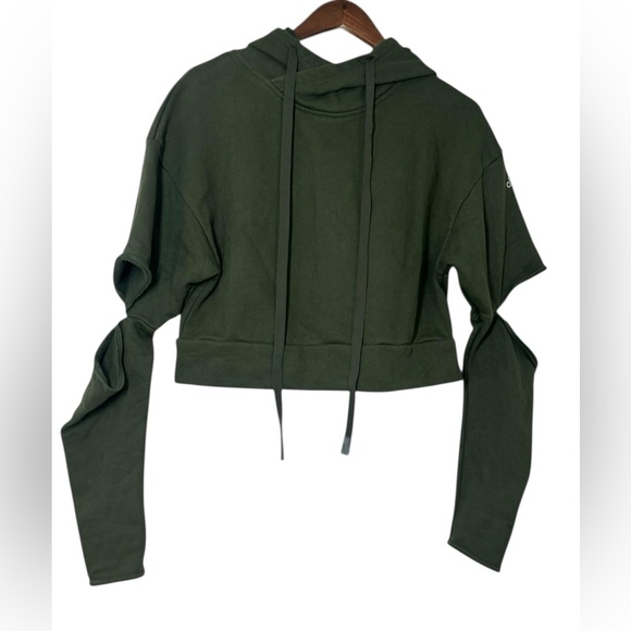 ALO Yoga Peak Off-The-Grid Cutout Hoodie Sweatshirt Olive Green Sz Small Cropped - Picture 2 of 11